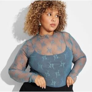 NEW Women’s XS Long Sleeve Mock Turtleneck Lace Shirt Wild Fable Teal Sexy Y2K